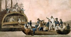 A group of sailors in small boats near a large ship labelled Bounty. Some are rowing whilst others gesture animatedly, depicting an historic maritime scene with men in 18th-century clothing.