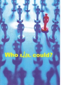 A group of blue figurines stands together whilst a single red figurine stands apart. The yellow text "Who Else Could?"—the product name—is displayed in front, with shadows stretching across the blue surface.