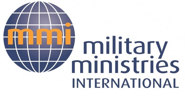 Logo of Military Ministries International, showing a blue globe with orange mmi text on the left and the words military ministries INTERNATIONAL in blue on the right.