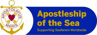 Logo for Apostleship of the Sea featuring an anchor with a red heart at the centre and the words Supporting Seafarers Worldwide in yellow text on a blue background.