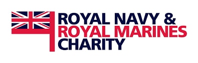 Logo of the Royal Navy & Royal Marines Charity, featuring a stylised Union Jack flag on the left and the charity name in bold navy blue and red text to the right.