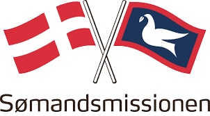 Two crossed flags: the Danish flag on the left and a blue flag with a white bird on the right. Below the flags is the word Sømandsmissionen.