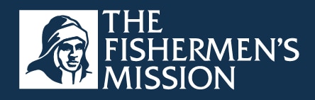 Logo of The Fishermen’s Mission, featuring a white silhouette of a fisherman wearing a hooded coat next to the organisation's name in bold, white capital letters on a dark blue background.