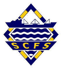 A logo featuring a diamond shape with yellow and blue accents, a ship and bridge silhouette on top, blue wavy lines in the centre, and the yellow letters SCFS near the bottom.