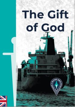 A ship docks at a port with cranes behind it. "The Gift of God," the product name, stands out alongside a UK flag and the Naval Military Bible Society logo. The scene features teal and grey tones.